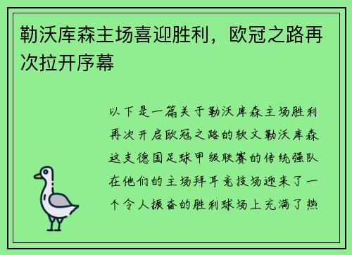勒沃库森主场喜迎胜利，欧冠之路再次拉开序幕